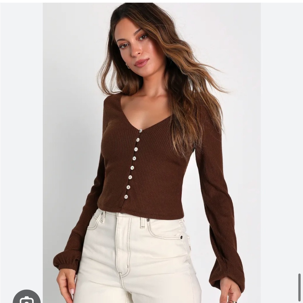 Lulus Chocolate Brown Balloon
Sleeve Button-Up Top - Picture 3 of 6